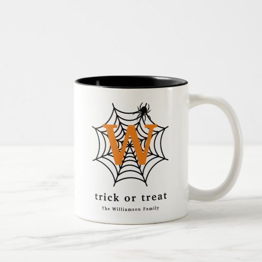 Halloween Spin Web Trick or treat Monogram Tweekleurige Koffiemok (Rechts)