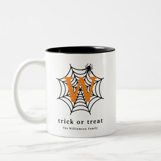 Halloween Spin Web Trick or treat Monogram Tweekleurige Koffiemok (Links)