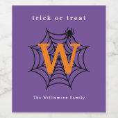 Halloween Spin Web Trick or treat Monogram Wijn Etiket (Enkel label)