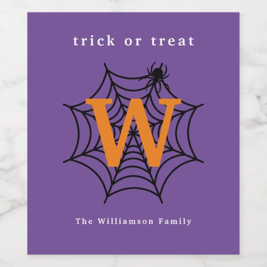 Halloween Spin Web Trick or treat Monogram Wijn Etiket (Enkel label)