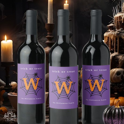 Halloween Spin Web Trick or treat Monogram Wijn Etiket