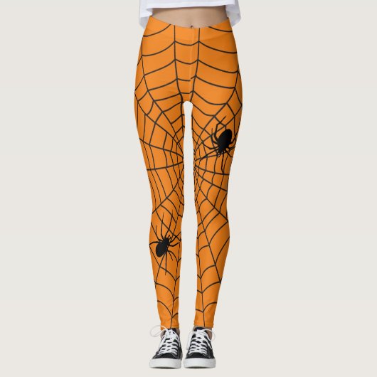 Halloween Spinnen op Cobweb Sinaasappel Zwart Leggings (Voorkant)