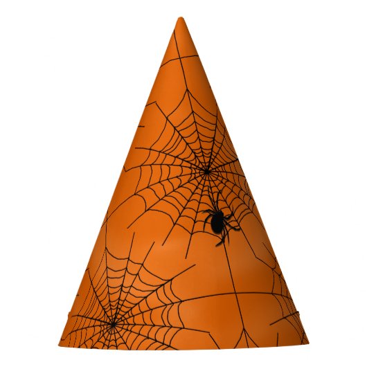 Halloween Spinnenweb met Spin op Oranje Feesthoedjes (Voorkant)