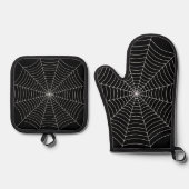 Halloween spinnenweb zwart wit gotisch patroon ovenwant & pannenlap set (Voorkant)