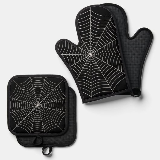 Halloween spinnenweb zwart wit gotisch patroon ovenwant & pannenlap set (Voorkant / Achterkant)