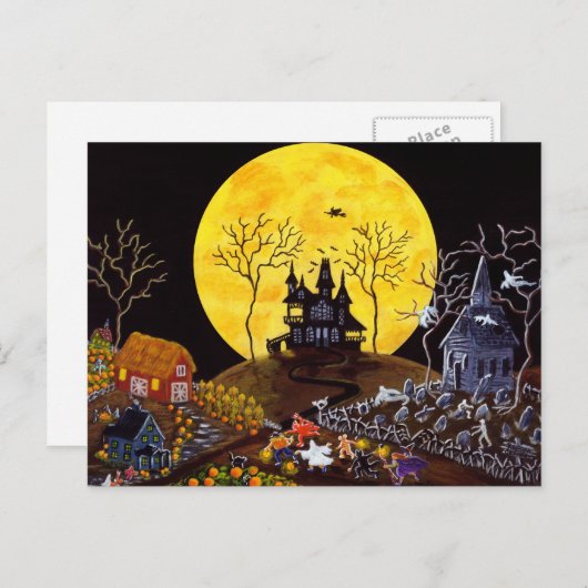 Halloween, spoken, kerk, grafstenen, heks briefkaart (Voorkant / Achterkant)