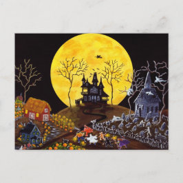 Halloween, spoken, kerk, grafstenen, heks briefkaart