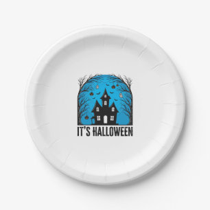 Halloween Spokenhuis Maan Vintage Gravure Des Papieren Bordje