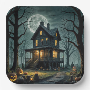 Halloween Spokenhuis Met Jack-o-lanterns Papieren Bordje
