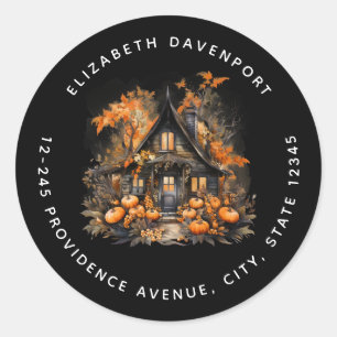 Halloween Spokenhuis met Pompoenen Adres Ronde Sticker