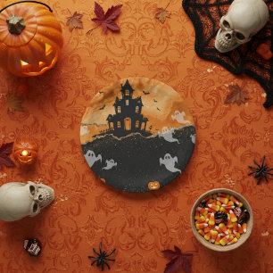 Halloween Spokenhuis Oranje Goud Glitters Papieren Bordje