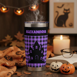 Halloween Spokenhuis Paars & Zwart Geruit Naam Geïsoleerde Drinkbeker