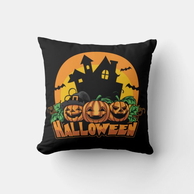 Halloween Spokenhuis Pompoenen Kussen (Voorkant)