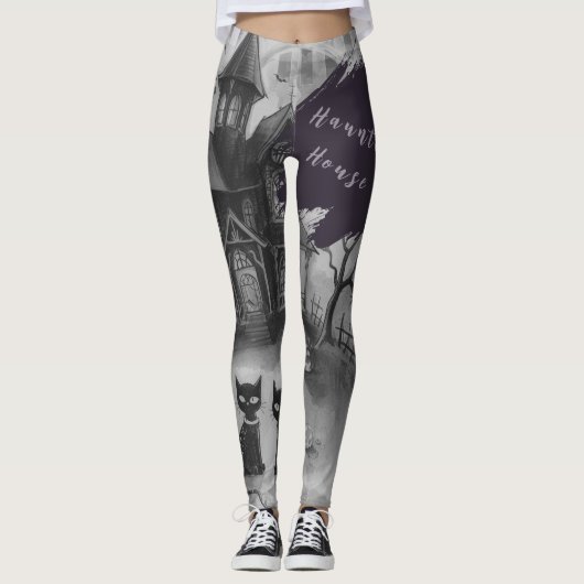 Halloween, Spokenhuis , Zwarte Kat  Leggings (Voorkant)