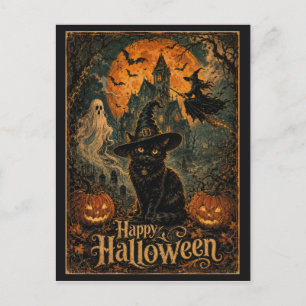 Halloween Spokenhuis Zwarte Kat Vleermuis Maan Pom Briefkaart