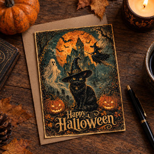 Halloween Spokenhuis Zwarte Kat Vleermuis Maan Pom Briefkaart
