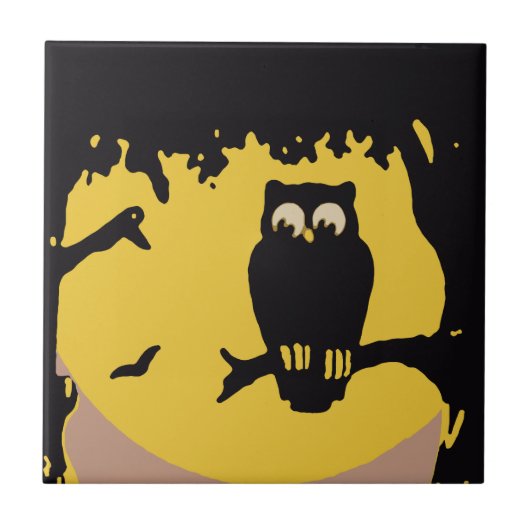  Halloween, spoky Owl in boom met maan Tegeltje (Voorkant)