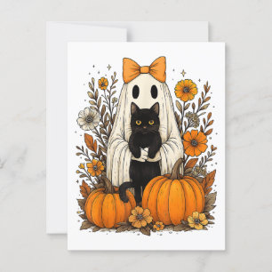 Halloween spook die een zwarte kat vasthoudt briefkaart