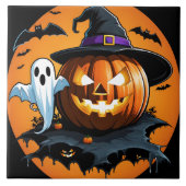 Halloween spook drijft naast een gesneden pompoen tegeltje (Voorkant)