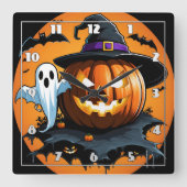 Halloween spook drijft naast een gesneden pompoen vierkante klok (Voorkant)