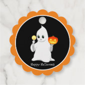 Halloween spook en pompoen op zwart bedankjes labels (Achterkant)