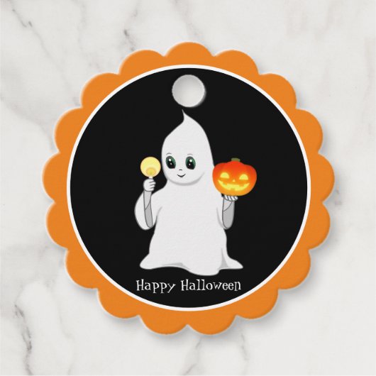 Halloween spook en pompoen op zwart bedankjes labels (Voorkant)