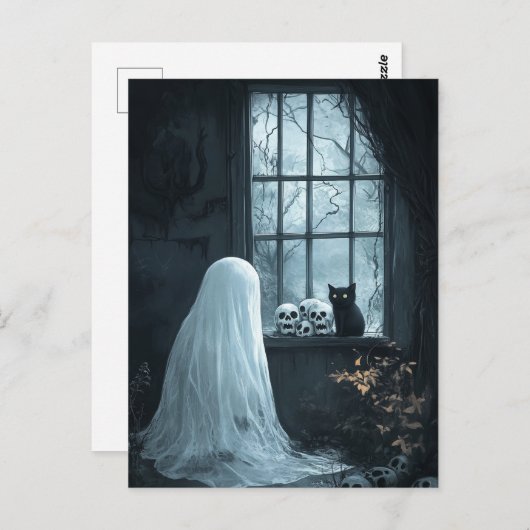 Halloween spook, kat en schedels briefkaart (Voorkant / Achterkant)