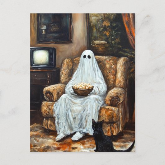 Halloween spook tv kijken met popcorn briefkaart (Voorkant)