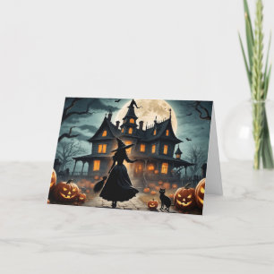 Halloween-spookhuis en heks feestdagen kaart
