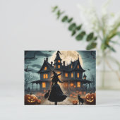 Halloween spookhuis en heks feestdagenkaart (Staand voorkant)