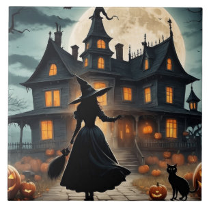 Halloween spookhuis en heks tegeltje