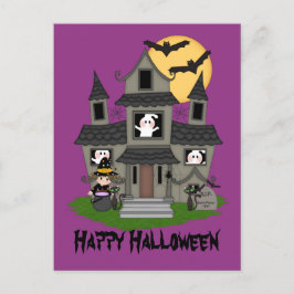 Halloween spookhuis en kleine heks paarse briefkaart