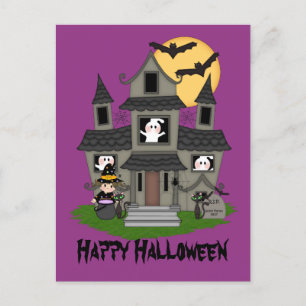Halloween spookhuis en kleine heks paarse briefkaart