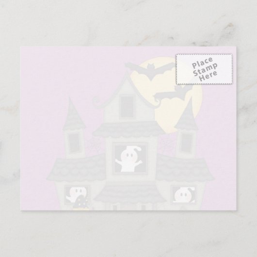 Halloween spookhuis en kleine heks paarse briefkaart (Achterkant)