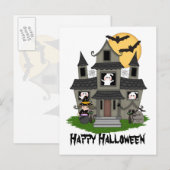 Halloween spookhuis en kleine heks wit briefkaart (Voorkant / Achterkant)