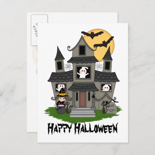 Halloween spookhuis en kleine heks wit briefkaart (Voorkant / Achterkant)