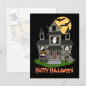Halloween spookhuis en kleine heks zwart briefkaart (Voorkant / Achterkant)