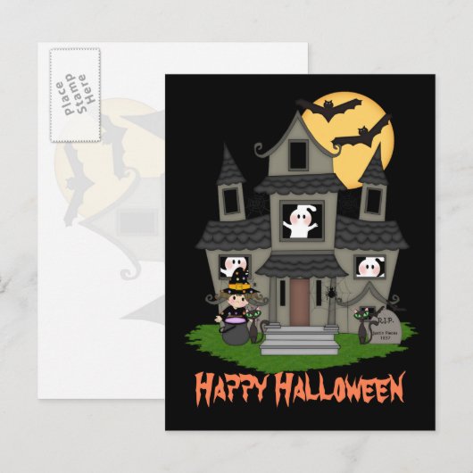 Halloween spookhuis en kleine heks zwart briefkaart (Voorkant / Achterkant)