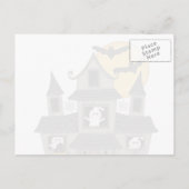 Halloween spookhuis en kleine heks zwart briefkaart (Achterkant)