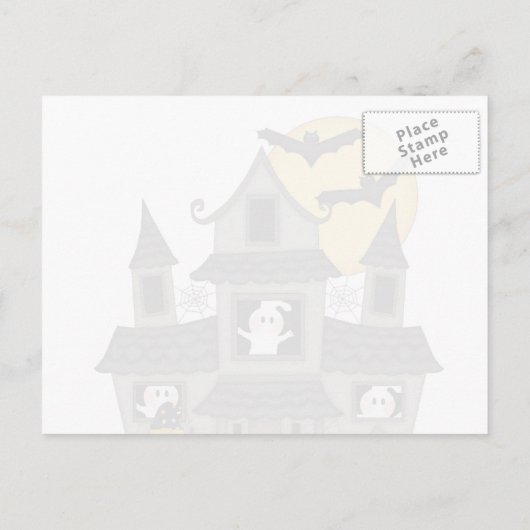 Halloween spookhuis en kleine heks zwart briefkaart (Achterkant)