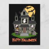 Halloween spookhuis en kleine heks zwart briefkaart (Voorkant)