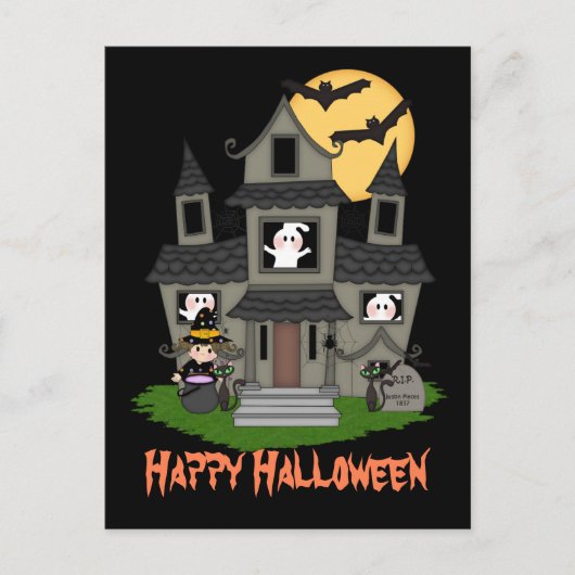 Halloween spookhuis en kleine heks zwart briefkaart (Voorkant)