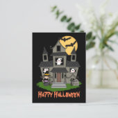 Halloween spookhuis en kleine heks zwart briefkaart (Staand voorkant)