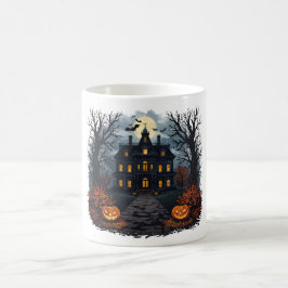 Halloween-spookhuis en kopje voor volle maan koffiemok