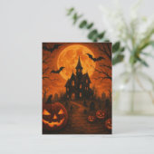Halloween spookhuis enge nacht pompoen briefkaart (Staand voorkant)