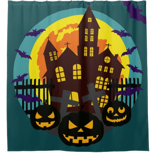 Halloween spookhuis enge pompoenen vleermuizen douchegordijn (Voorkant)