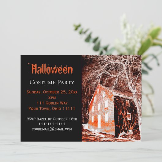 Halloween spookhuis kostuum feest kaart (Staand voorkant)