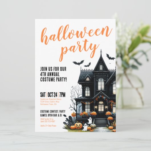 Halloween spookhuis kostuum feest kaart (Staand voorkant)