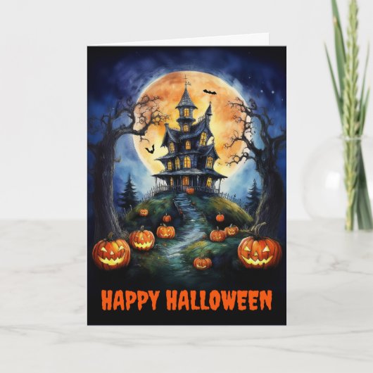 Halloween spookhuis met gevouwen pompoenen kaart (Voorkant)