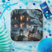 Halloween spookhuis met grafsteen papieren bordje (Feest)